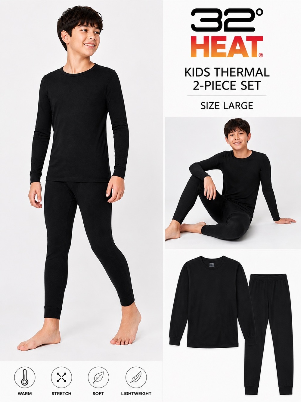 32 Degrees Heat Kids Black Thermal Base Layer Set Large